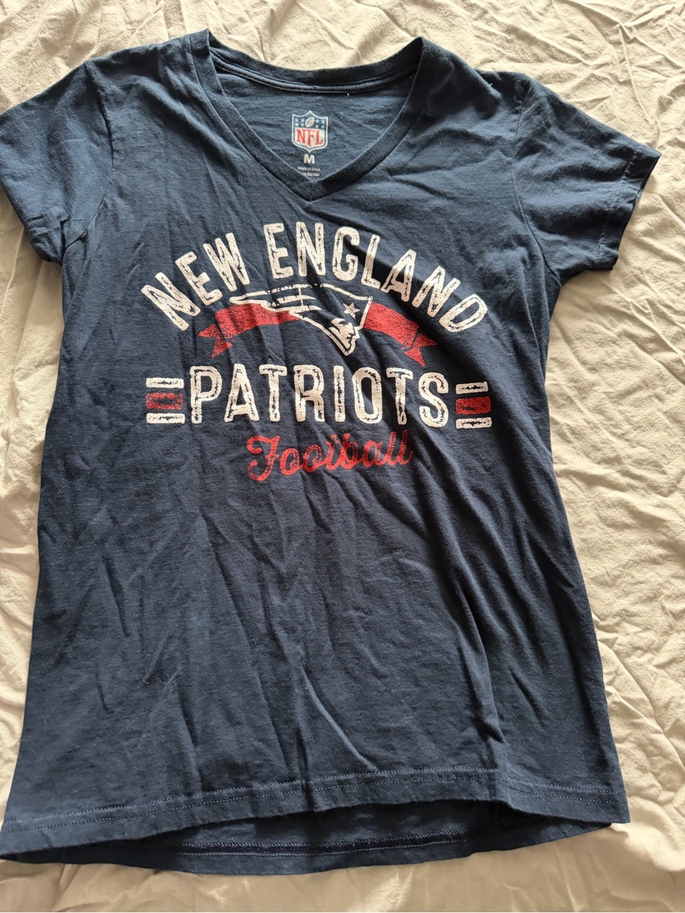 NFL New England Patriots Navy V-Neck Short Sleeve Tee with Red & White Accents